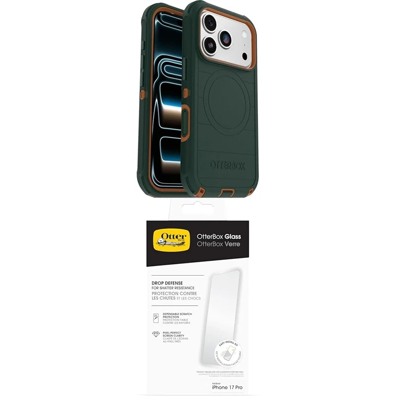 OtterBox Defender Series Pro MagSafe Case for iPhone 17 Pro, Protective Case, 7x Tested to Military Standard, Green Glass Screen Protector for iPhone 17 Pro