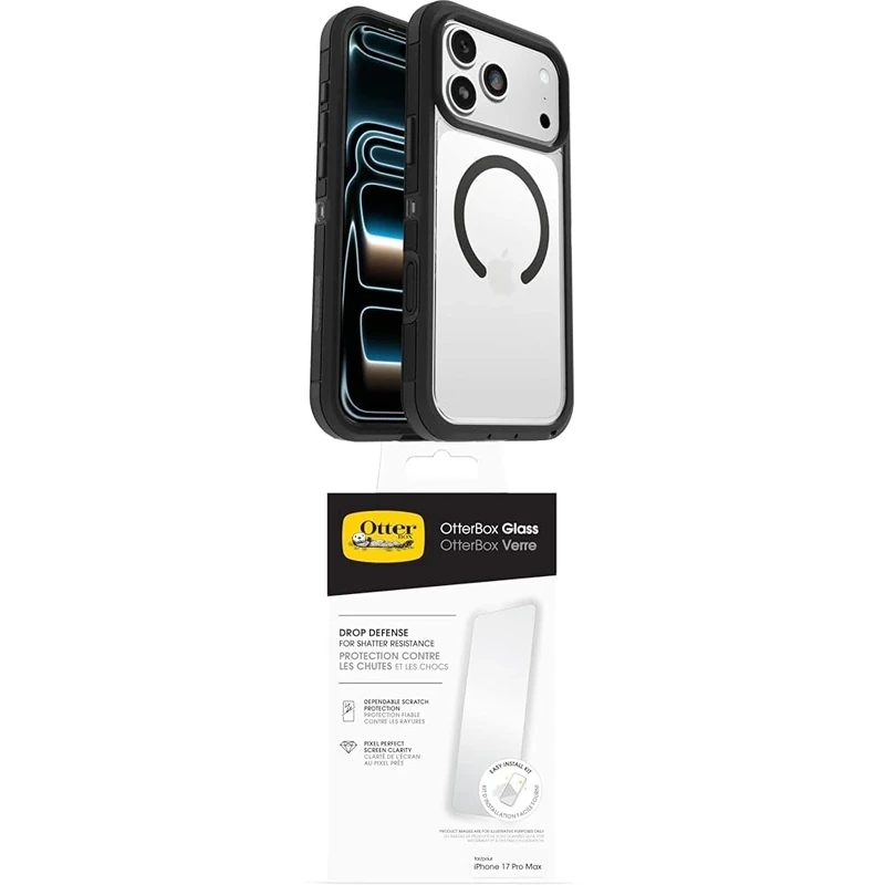 OtterBox Defender Series Pro XT MagSafe Case for iPhone 17 Pro Max, Protective Case, 7x Tested to Military Standard, Clear/Black Glass Screen Protector for iPhone 17 Pro Max