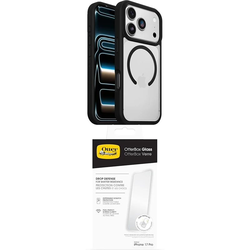 OtterBox React Series MagSafe Case for iPhone 17 Pro, Protective Thin Case, Tested to Military Standard, Clear/Black Glass Screen Protector for iPhone 17 Pro