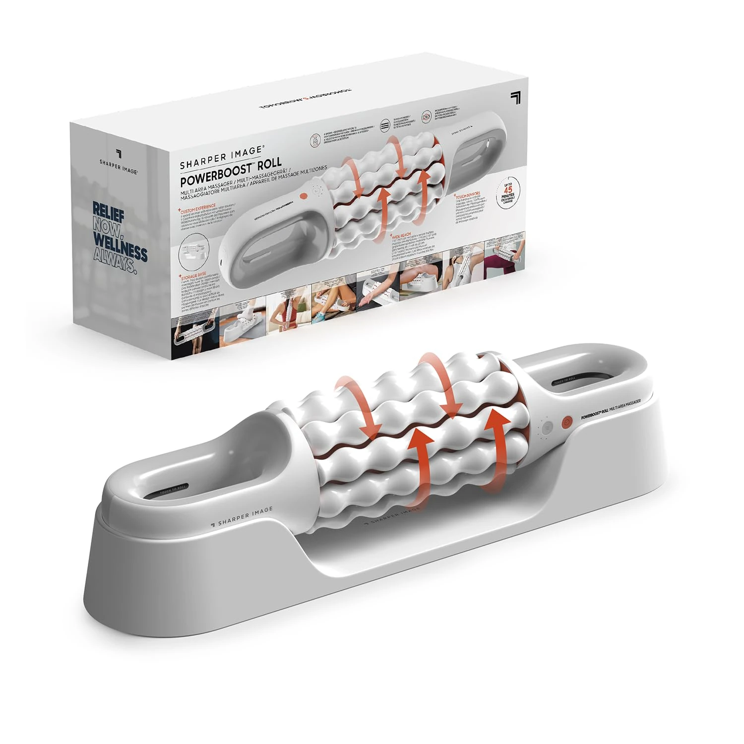 Sharper Image Powerboost Roll - Multi-Area Massage Roller with 6 Intensities, Handheld Deep-Tissue Muscle Roller for Legs, Back & Calf, Electric Handheld Massagers for Whole Body Recovery & Relief