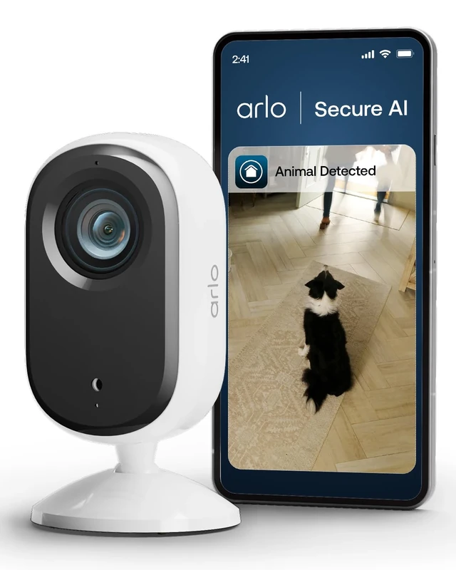 Arlo Essential 2K Indoor Pet Security Camera, Wired Home CCTV Camera Indoor With Night Vision, Siren, 2 Way Audio & WiFi, Arlo Secure Free Trial, 1 Camera, with auto privacy lens cover, white