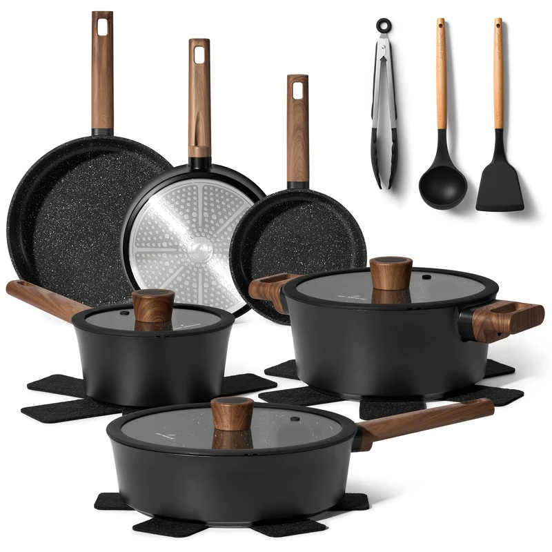 Induction Cookware Set 15 Piece – Non-Stick Frying Pans & Saucepan Set with Glass Lids, Wok, Utensils & Trivets – Compatible with Gas, Electric, Ceramic & Induction Hob