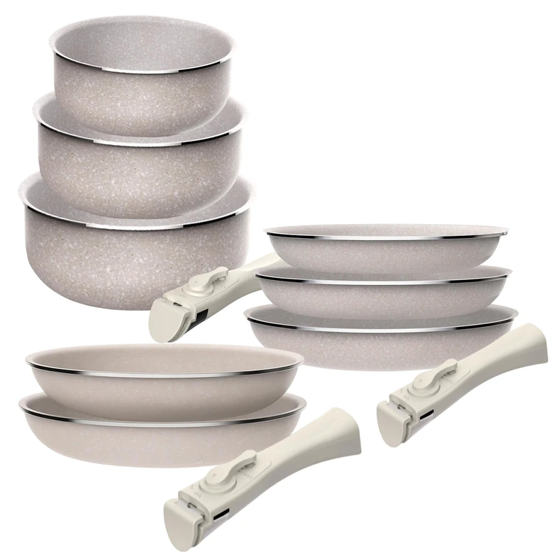Set of 8 pcs: 5 Pans Ø18Ø20Ø24cm(x2) Ø28cm and 3 saucepans Ø16Ø18Ø20cm in Pressed Aluminium with ILAG Coating with 2 Removable Handles