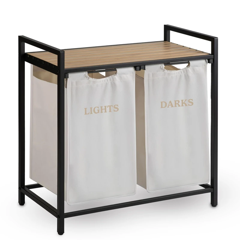 Massido Laundry Basket - Laundry Container with 2 Compartments - 80 l - 74 x 72 x 33 cm - 2in1 - Beige Brown Black