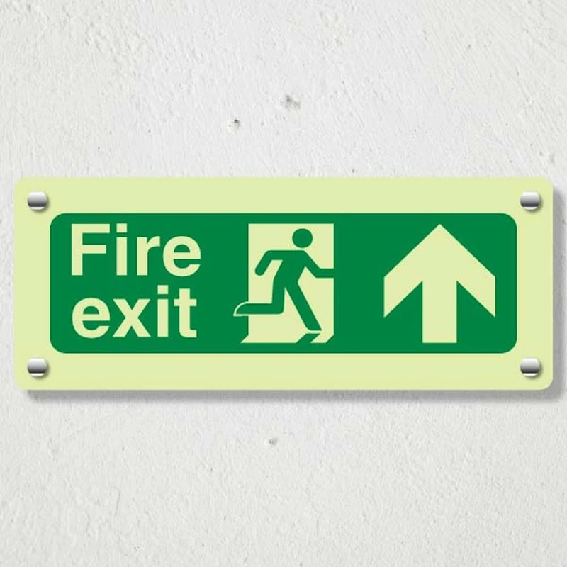 V Safety Photoluminescent Fire Exit Arrow Up Safety Sign - 600 x 200 mm - 3mm Aluminium Composite - Double Glow