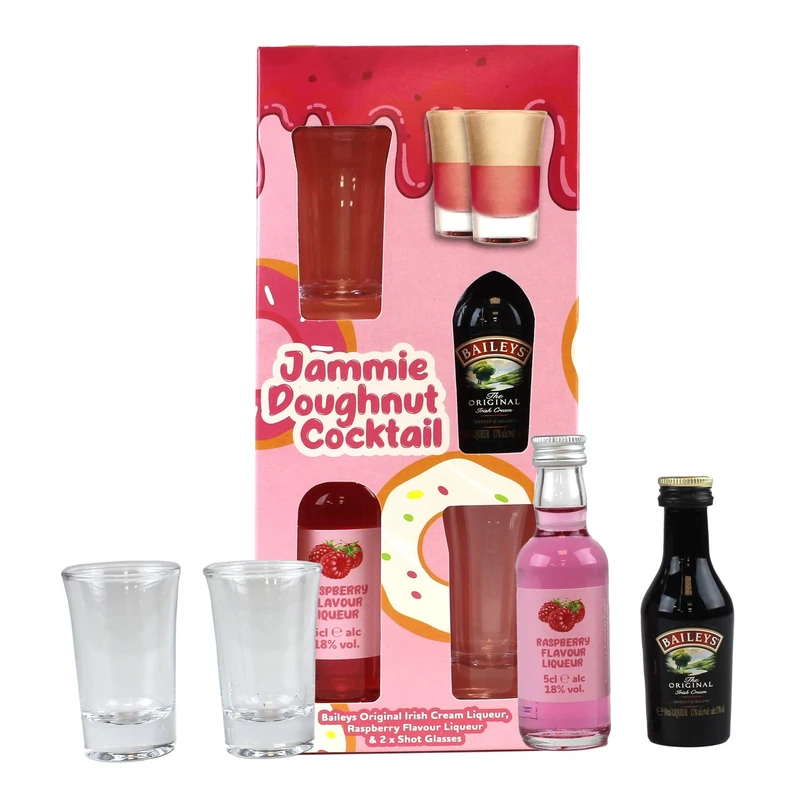 Jammie Doughnut Cocktail Kit - Baileys Gift Set Includes Irish Cream 5cl, Raspberry Flavoured Alcohol Liqueur and x 2 Shot Glasses - Cocktail Gifts for Women, Girlfriend Gifts, Valentines Day