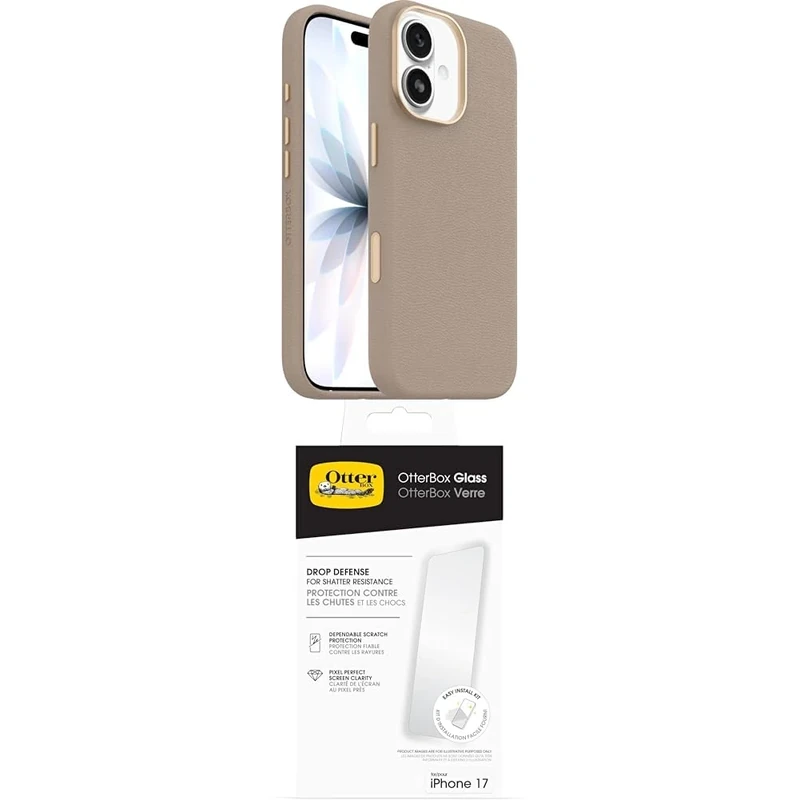 OtterBox Symmetry Series Cactus Leather MagSafe Case for iPhone 17, Protective Thin Case, 3x Tested to Military Standard, Grey Glass Screen Protector for iPhone 17