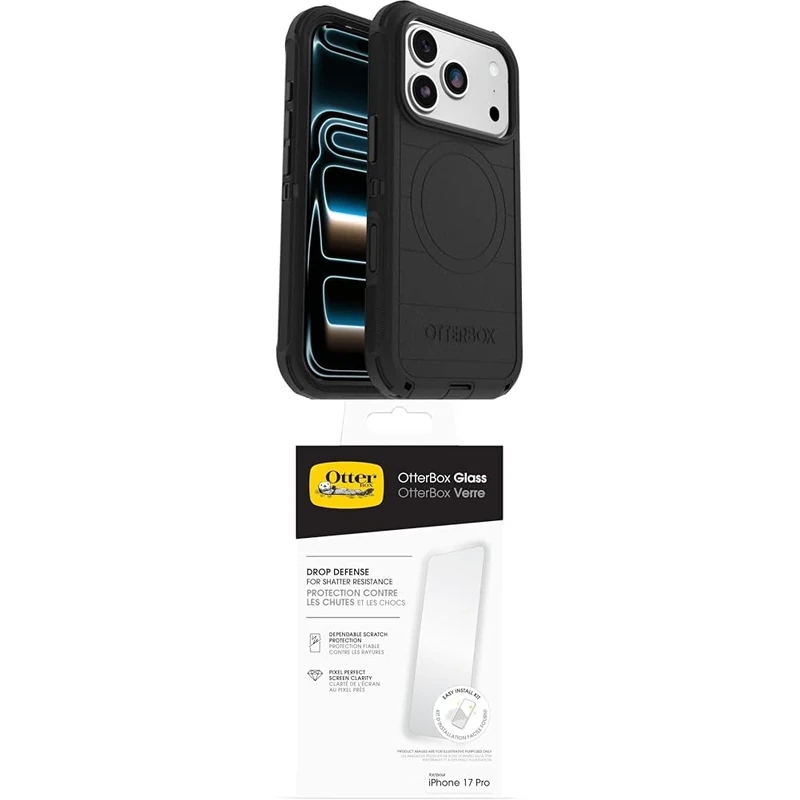 OtterBox Defender Series Pro MagSafe Case for iPhone 17 Pro, Protective Case, 7x Tested to Military Standard, Black Glass Screen Protector for iPhone 17 Pro