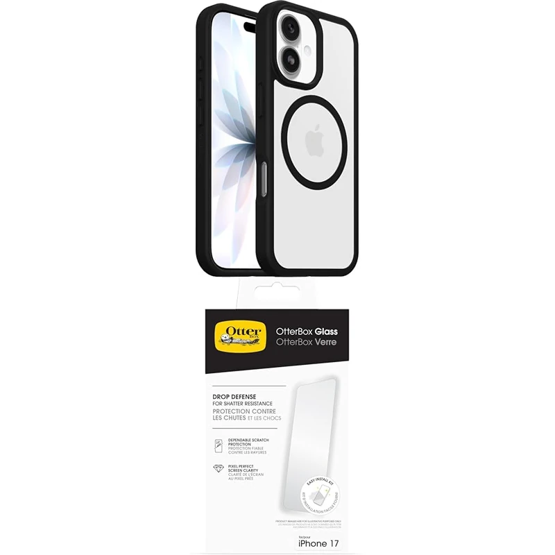 OtterBox React Series MagSafe Case for iPhone 17, Protective Thin Case, Tested to Military Standard, Clear/Black Glass Screen Protector for iPhone 17
