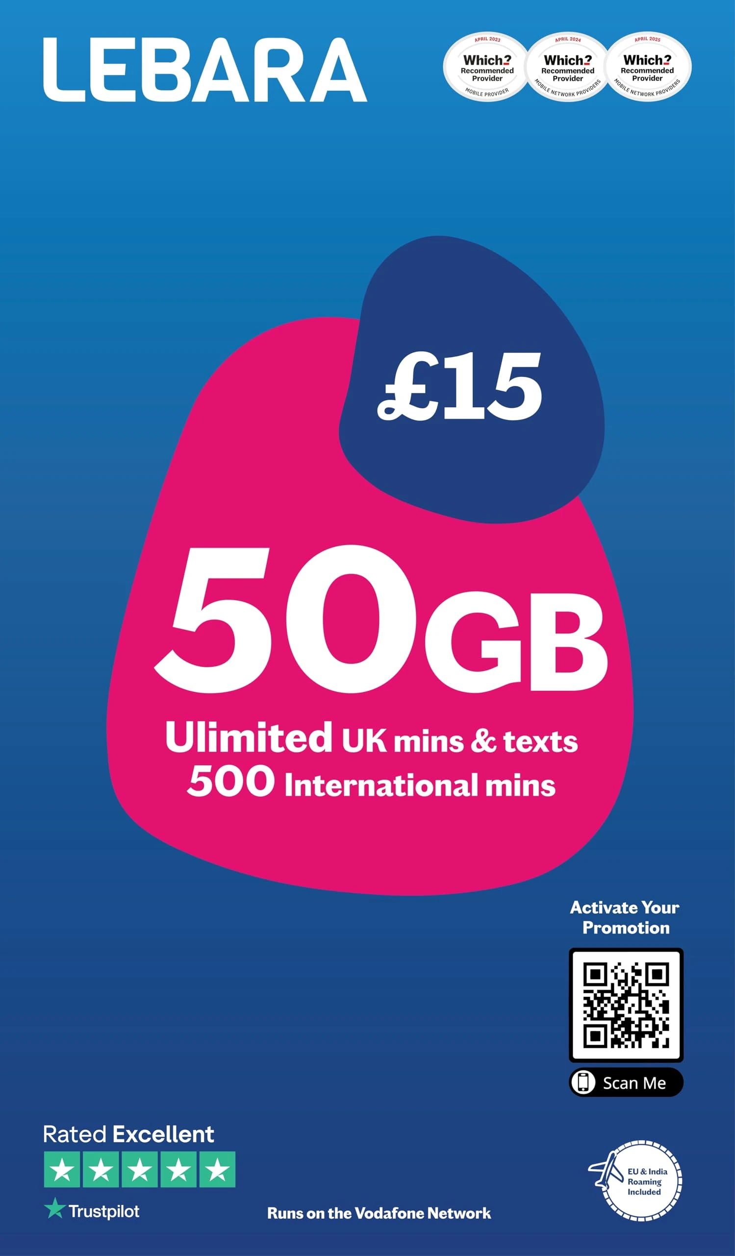 Lebara SIM Card: 50GB for £7.50, Half Price for First 3 Months, No Contract, UK Calls, UK Texts and International Calls Included, Multi-size, Fits All Devices