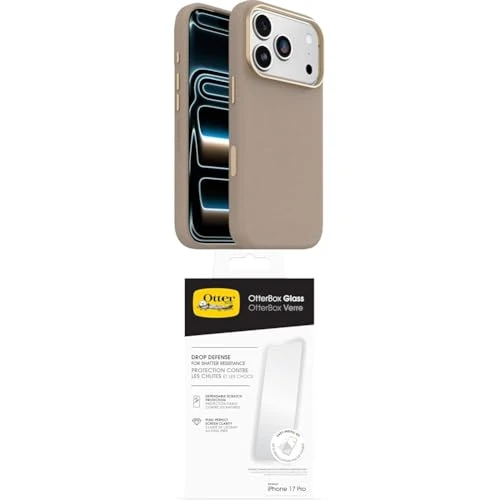 OtterBox Symmetry Series Cactus Leather MagSafe Case for iPhone 17 Pro, Protective Thin Case, 3x Tested to Military Standard, Grey Glass Screen Protector for iPhone 17 Pro