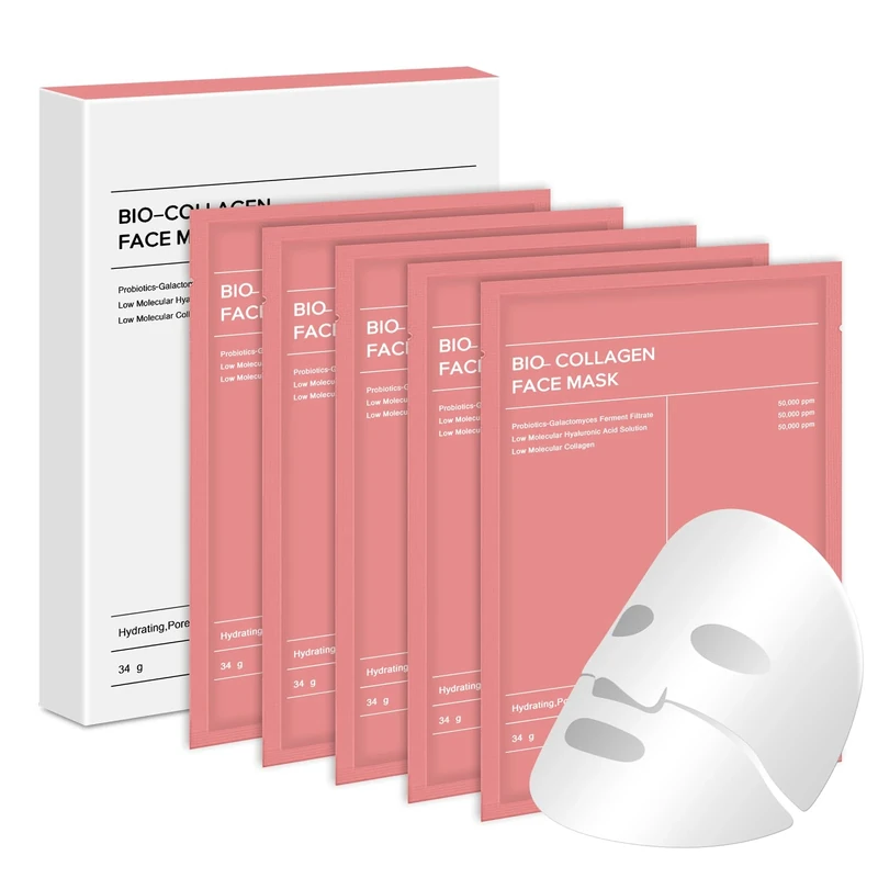 Bio Collagen Face Mask 5pcs, Hydrating Overnight Skincare Sheet Mask, Deep Moisturizing, Pore Minimizing, Elasticity & Wrinkle Improvement, Glass Skin Glow (Pink)