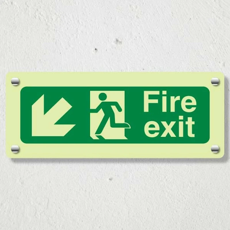 V Safety Photoluminescent Fire Exit Arrow Down Left Safety Sign - 600 x 200 mm - 3mm Aluminium Composite - GloReflect