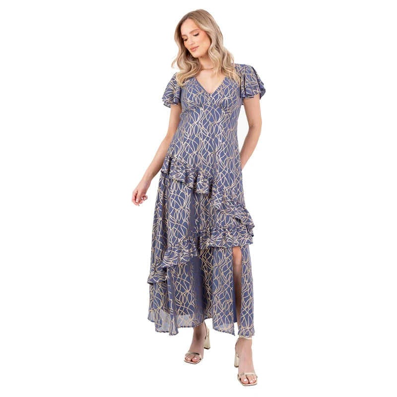 Lovedrobe Women's Midaxi Dress Ladies V-Neck Flutter Sleeve A-line Gold Detail Tiered Asymmetric Ruffle Frill Leg Split Evening, Blue 18