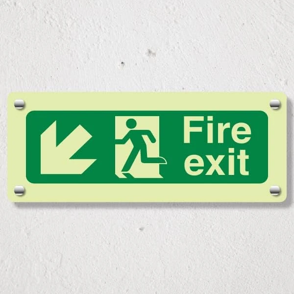 V Safety Photoluminescent Fire Exit Arrow Down Left Safety Sign - 600 x 200 mm - GloAcrylic