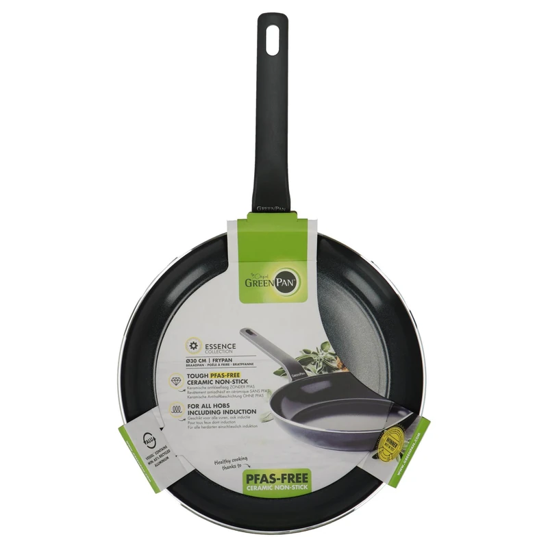 Greenpan Essence Frying Pan 30 cm, Ceramic Non-Stick Coating Without PFAS, Forged Aluminium, Induction, Oven Safe up to 160 °C, Dishwasher Safe, Black