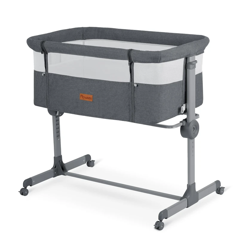 Nukido Baby Cot Up to 9 kg 5 Months with Mattress Foldable on Wheels Height Adjustable Dark Grey
