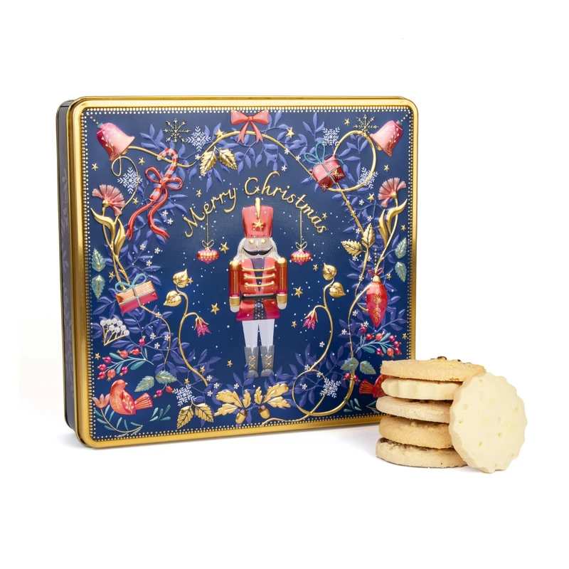 Nordic Nutcracker Square Christmas Biscuits Tin - Traditional Scottish Shortbread Biscuits Gift Set, Festive Filled Tins, Novelty Christmas Gifts - Luxury Biscuit Gift Sets for Women & Men