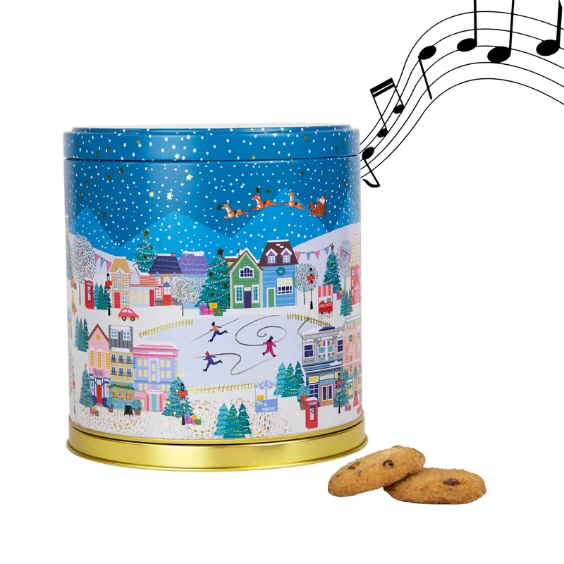Merry Little Christmas Musical Carousel Gift Set - Christmas Biscuits Tin, Novelty Musical Biscuit Tins with Mini Chocolate Chip Cookies - Luxury Biscuits Gifts for Women and Men