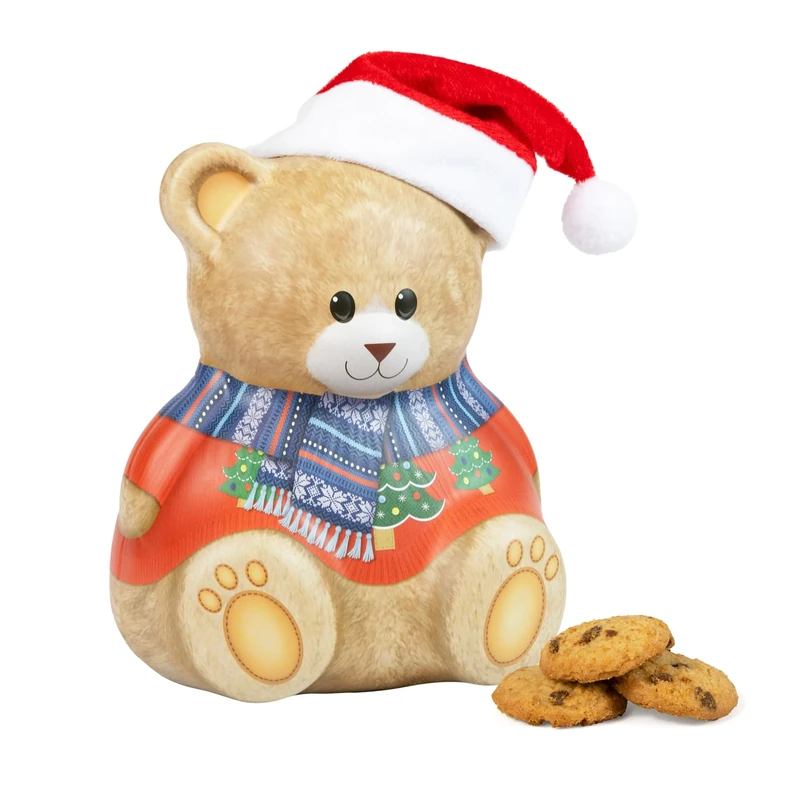Christmas Bear with Hat Gift Set - Christmas Biscuits Tin, Novelty Biscuit Tins with 100g Mini Chocolate Chip Cookies - Luxury Biscuits Gifts for Women and Men