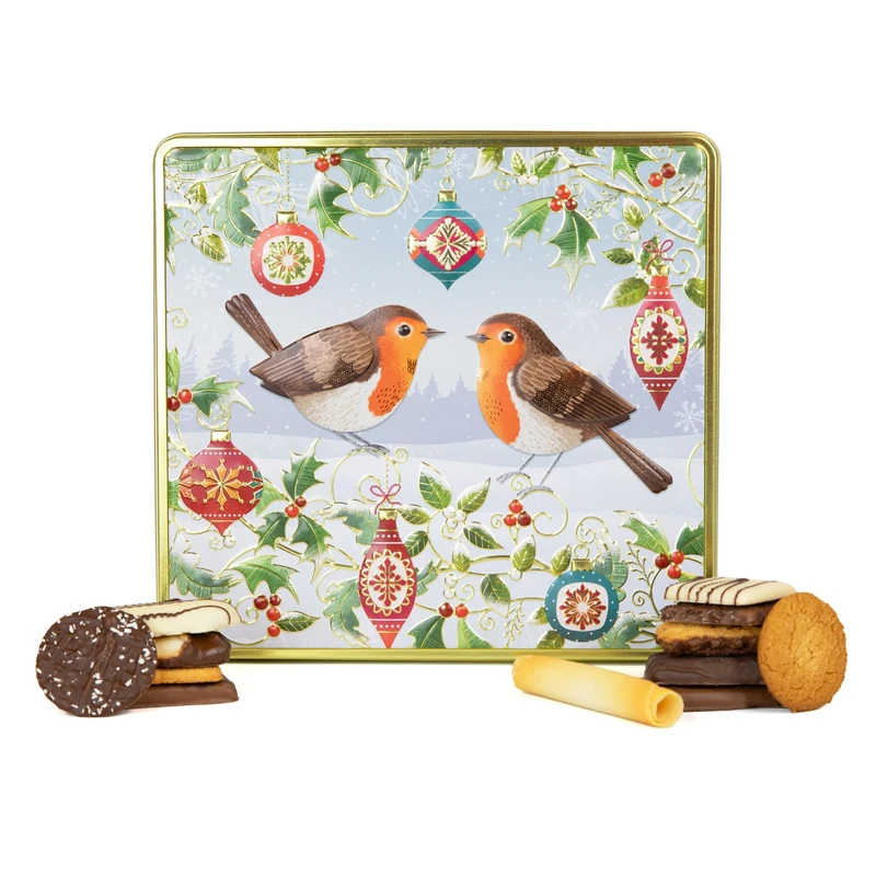 Winter Robins Belgian Biscuits Square Tin - Christmas Biscuit Tins, Belgian Chocolate Biscuits Gift Set Selection, Novelty Christmas Biscuit Box - Festive Tins of Chocolates Gifts for Women & Men