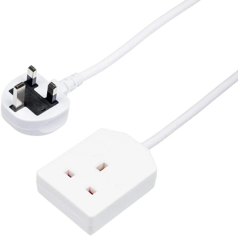 Extension Lead 1 Way Gang 2 Meter Single Socket Mains Power Extension Cord 13A Fused Strip 3Pin UK Plug Power Cable Ideal For Multiple Appliances Of Home & Office (White)
