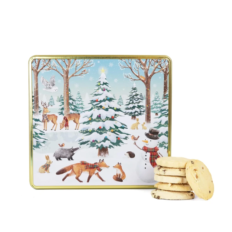 Festive Forest Square Christmas Biscuits Tin - Traditional Scottish Shortbread Biscuits Gift Set, Festive Filled Tins, Novelty Christmas Gifts - Luxury Biscuit Gift Sets for Women & Men