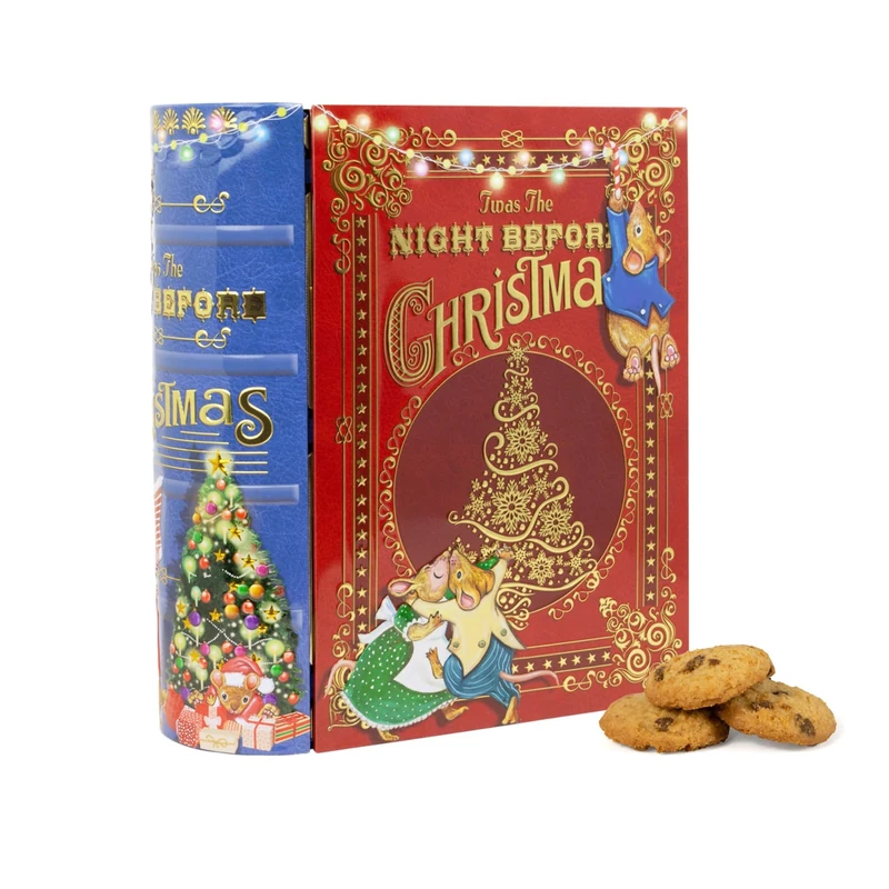 Night Before Christmas Book Gift Set - Christmas Biscuits Tin, Novelty Biscuit Tins with 400g (4 x 100g) Mini Chocolate Chip Cookies - Luxury Biscuits Gifts for Women and Men