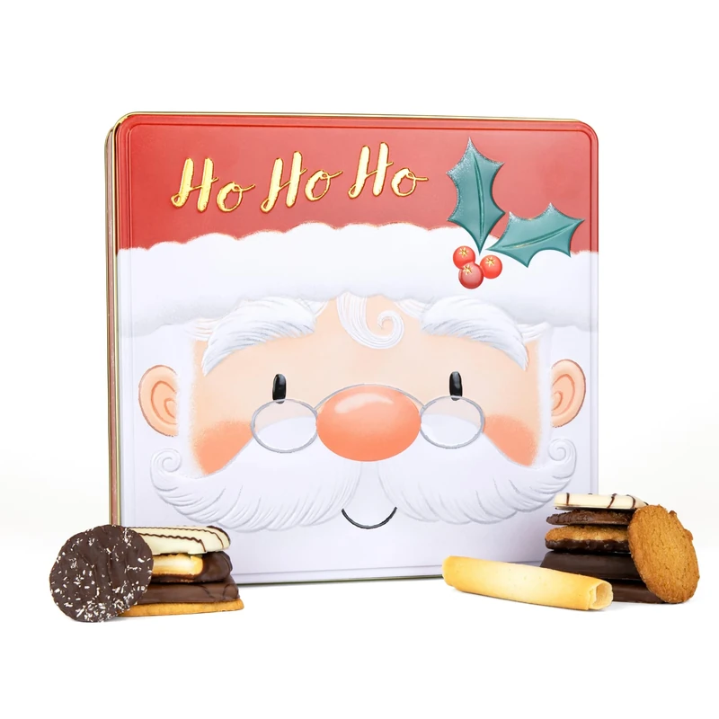 Santa Belgian Biscuits Square Tin - Christmas Biscuit Tins, Belgian Chocolate Biscuits Gift Set Selection, Novelty Christmas Biscuit Box - Festive Tins of Chocolates Gifts for Women & Men