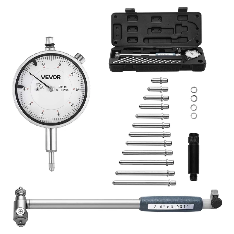 VEVOR Dial Test Indicator and Bore Gauge Measuring Tool Set, Dial Indicator 0.03 mm Accuracy, 50.8-152.4 mm Bore Range with Rod, Storage Case, Anvils for Industrial Machining Measurements