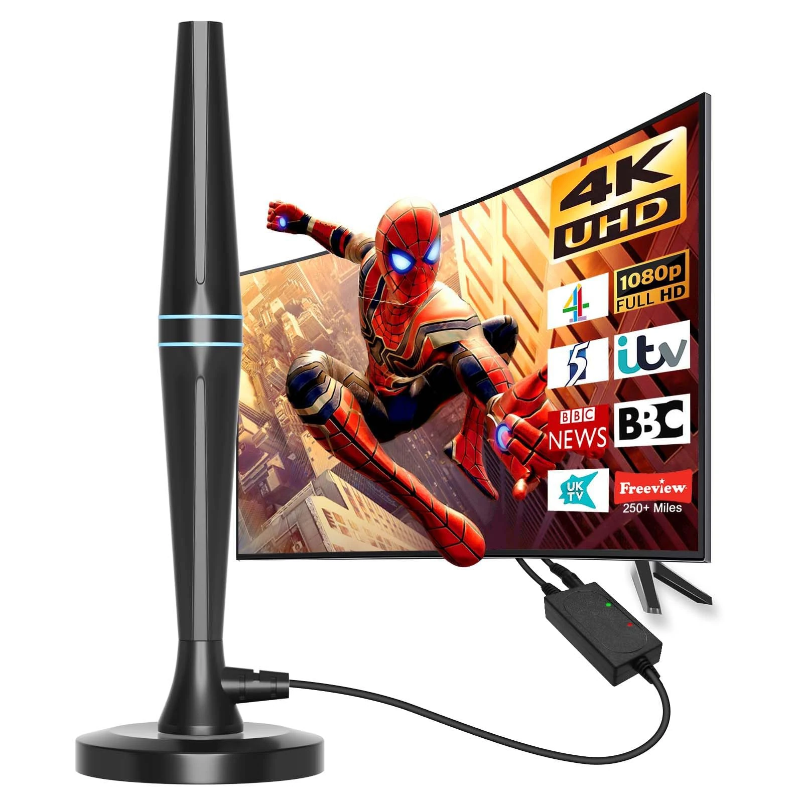 Indoor TV Aerial, Long Range Digital TV Aerial for Smart & Older TVs with Signal Booster, Magnetic Base, TV Antenna for Freeview Support 4K 1080P HD Local Channels & 18ft HD Cable (M-Black)