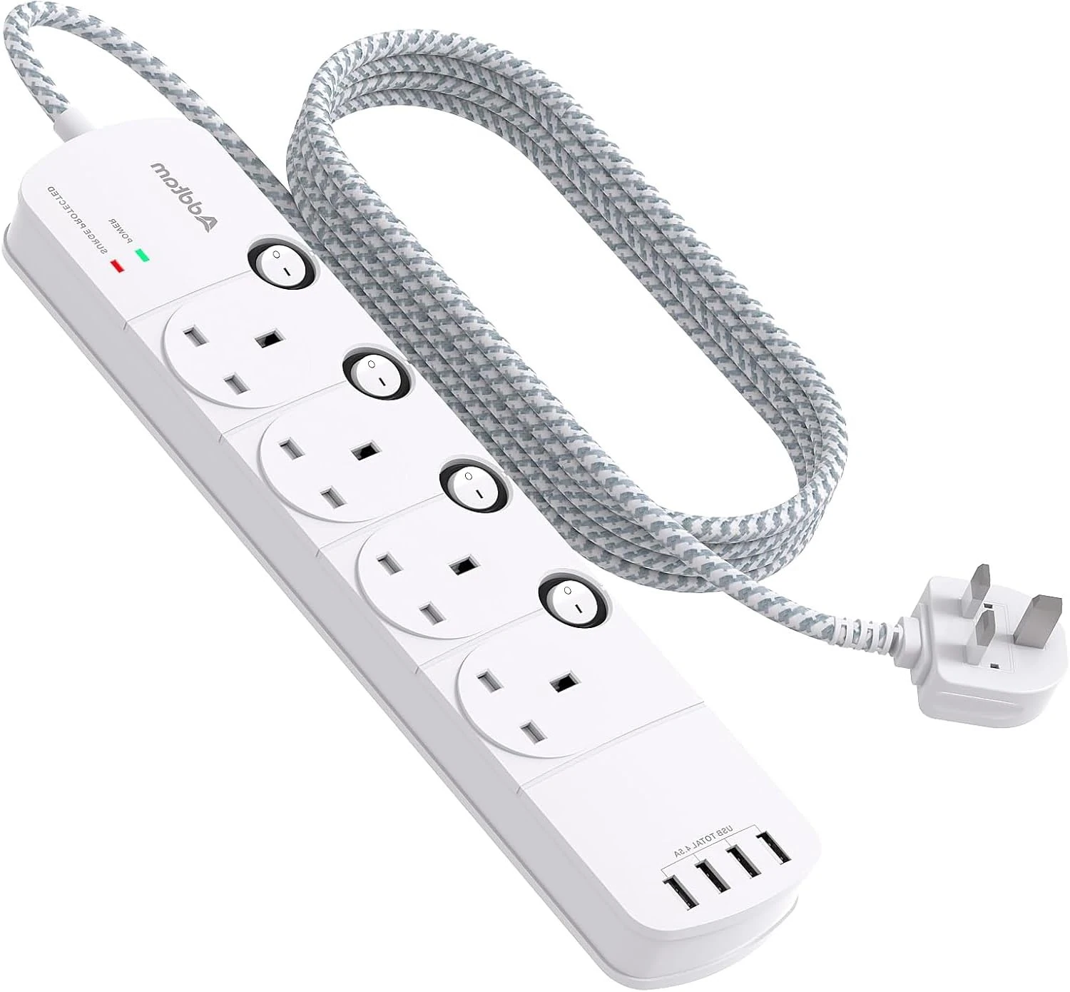 1.6M Extension Lead, 4 Way Socket Outlets Power Strips with 4 USB, 1050J Surge Protection Multi Plug Extension with Braided Extension Cable for Home, Office, Individually Switched, White