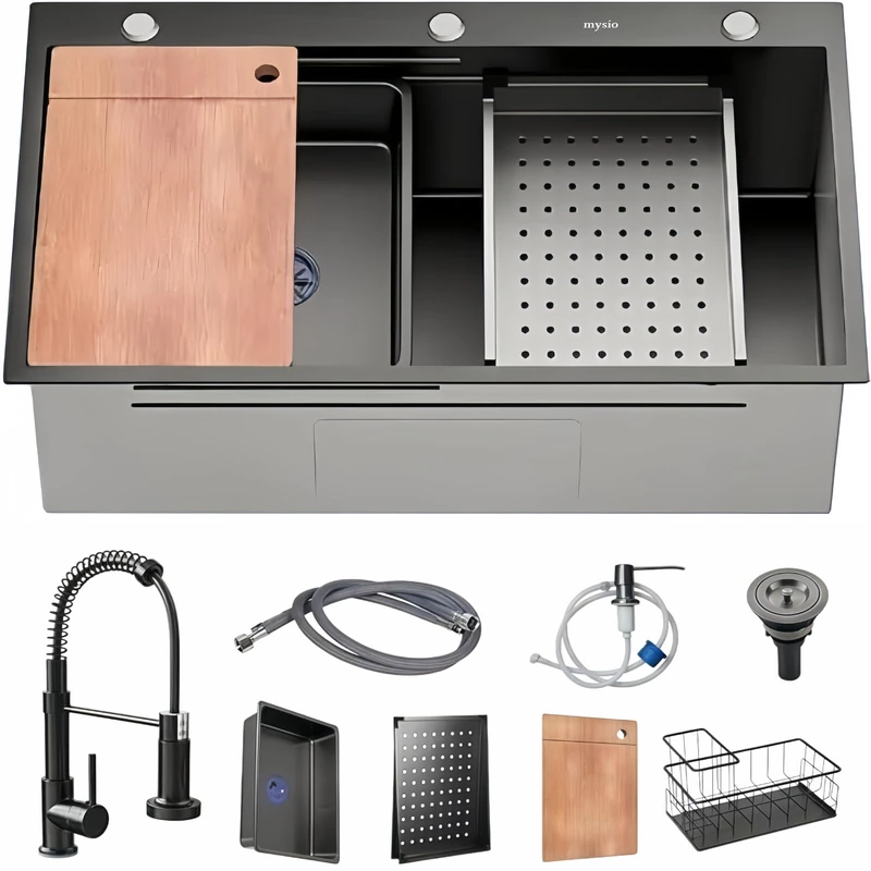 Kitchen Sink, 28 x 18 Inch, Single Basin, Stainless Steel, Gunmetal Black Topmount, Multifunctional, Drop-in Sink with Pull Down Faucet (Black, 2818)