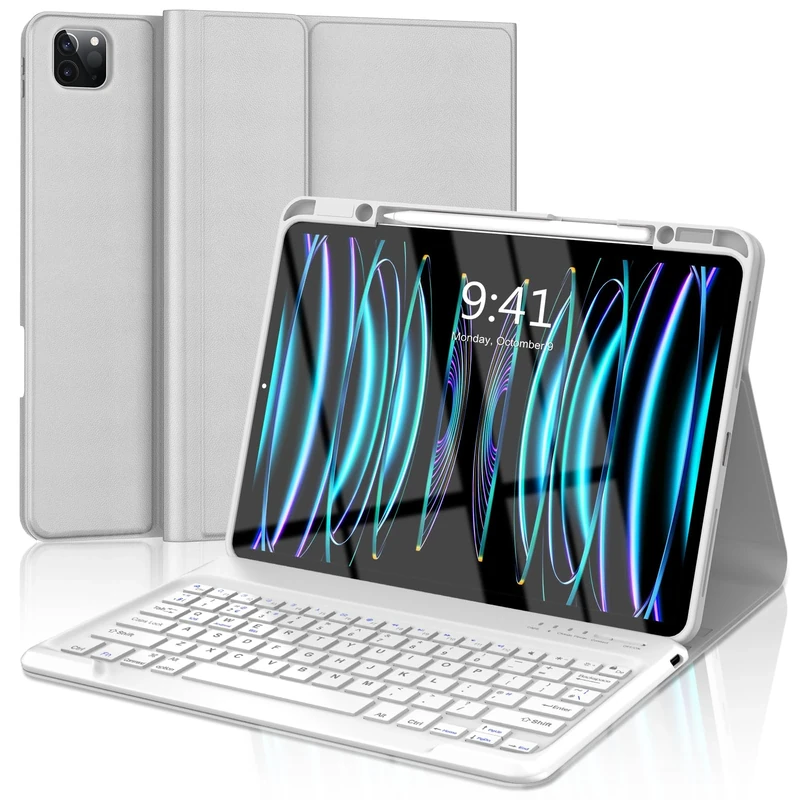 FOGARI iPad Pro 12.9 6th/5th/4th/3rd Generation Keyboard Case - Wireless Bluetooth Detachable UK Layout Keyboard Folio Cover with Pencil Holder for iPad Pro 12.9, Grey