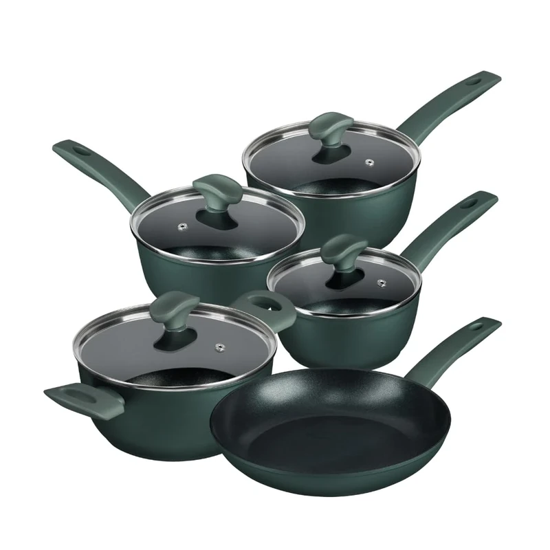 Prestige Earth Friendly Non-Stick Induction Cookware Set – 5-Piece, 24cm Frying Pan, 3 Piece Saucepan Set & Stockpot, Non-Toxic, Plant Based Coating, Made in Italy, Green