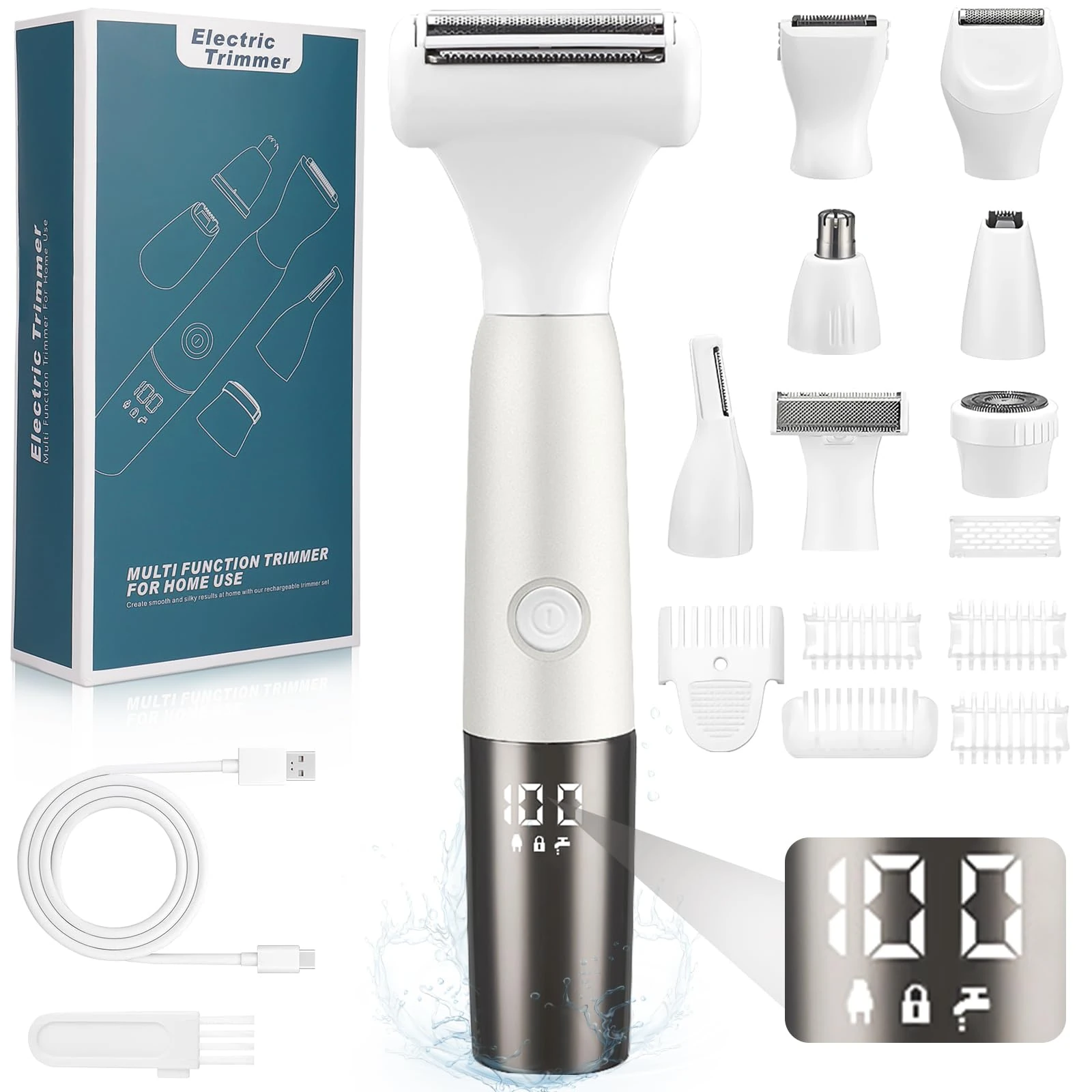 YGVQN 8-in-1 Women's Electric ShaverWomen's Intimate Hair Trimmer with 8 Blades, Digital LED Display, IPX7 Waterproof, USB Charging Shaver for Women, for Bikini Area, Armpits, Legs, Face, Eyebrows