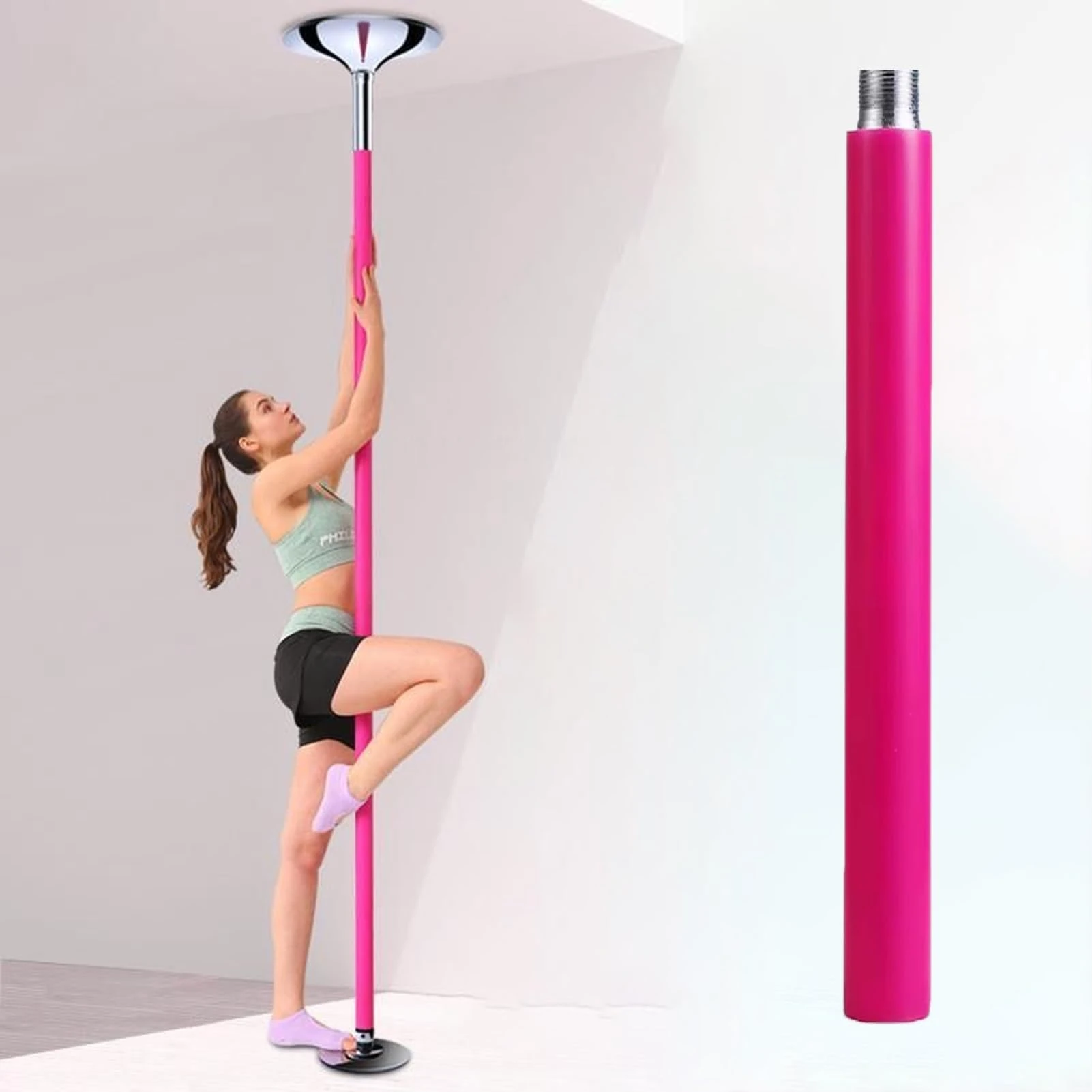 Minglez 45 mm Spinning Dance Pole & Extender Pole, Pink Strip Pole with Silicone Warp & Fixed Plate, 7.5 ft - 9 ft Dancing Fitness Pole Kit for Beginners(40cm/15.8in Extension Pole)