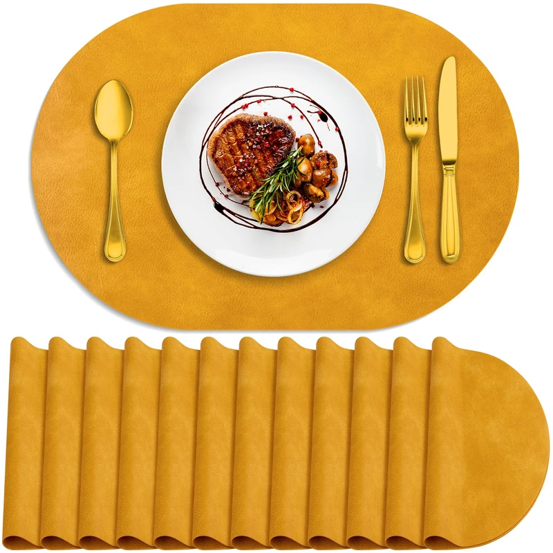 ADRIMER Placemats, Heat Resistant Oval Placemats Set of 12 Washable 12 x 17 Inch, Waterproof Table Mats, Wipeable Pu Place Mats for Kitchen, Dining Room, Yellow