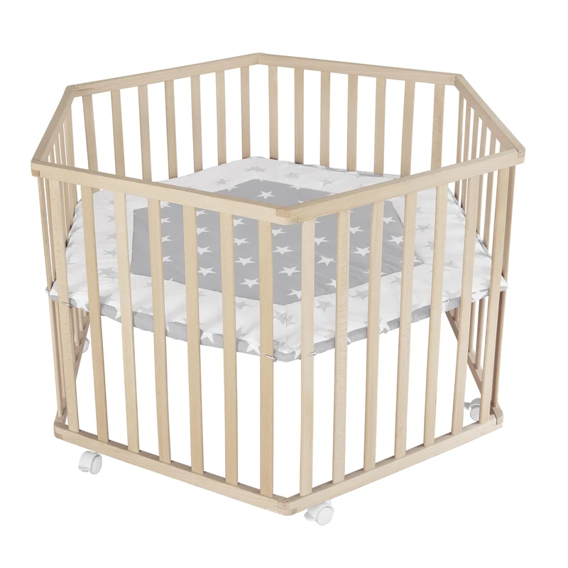 roba Wooden Hexagonal Playpen with Insert 'Little Stars' Design - Height Adjustable - Mobile & Safe - Natural Wood