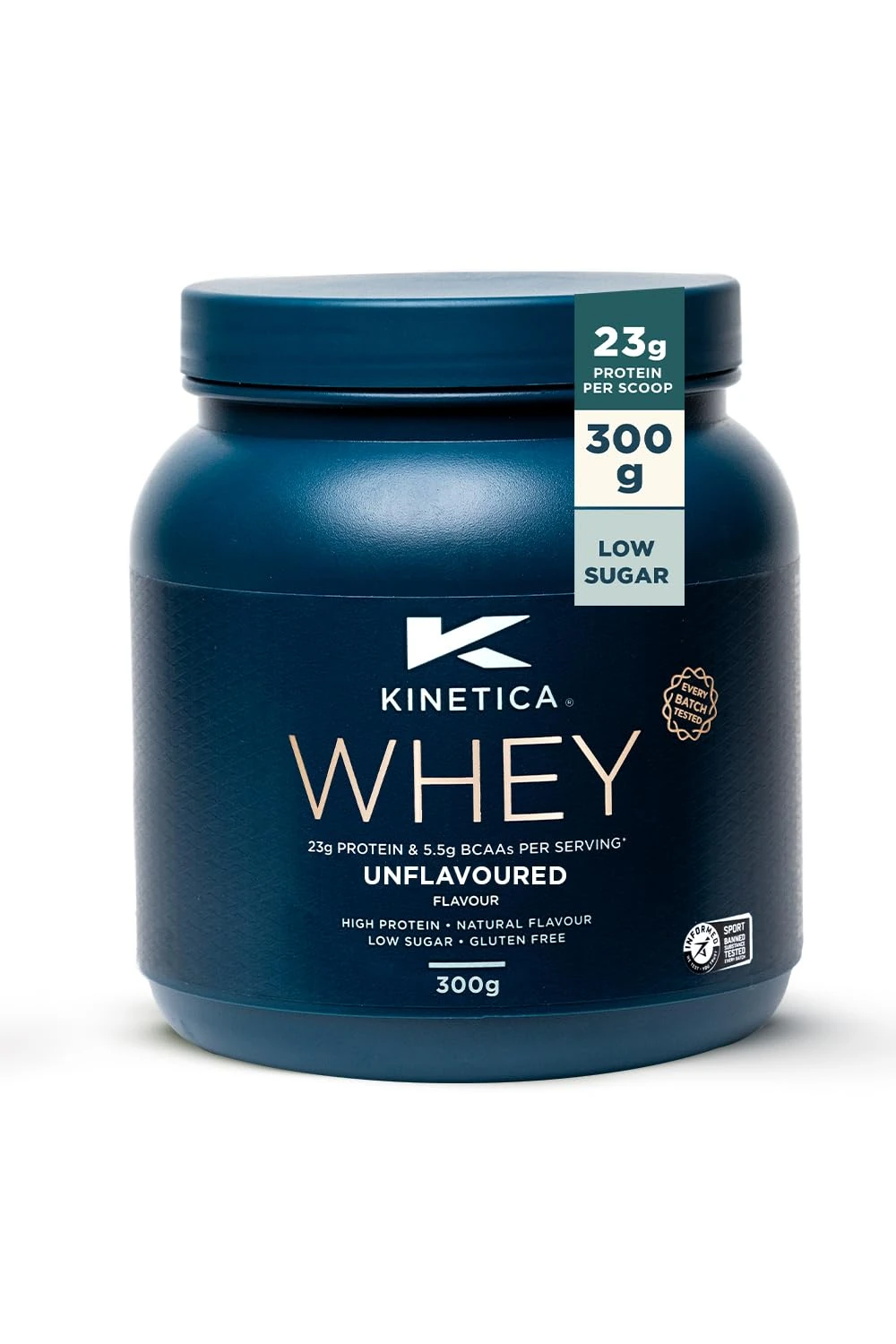 Kinetica Sports Whey Protein Powder - Unflavoured Flavour | 23g Protein/Serve, 10 Servings/300g Pack | Gluten Free Supplement | Optimum for Muscle Growth & Recovery | Mixes Well with Water, Milk