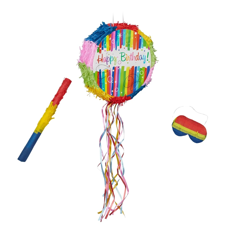 Relaxdays Colorful Piñata Birthday with Stick & Mask, Fillable Party Toy, 32 x 9 cm