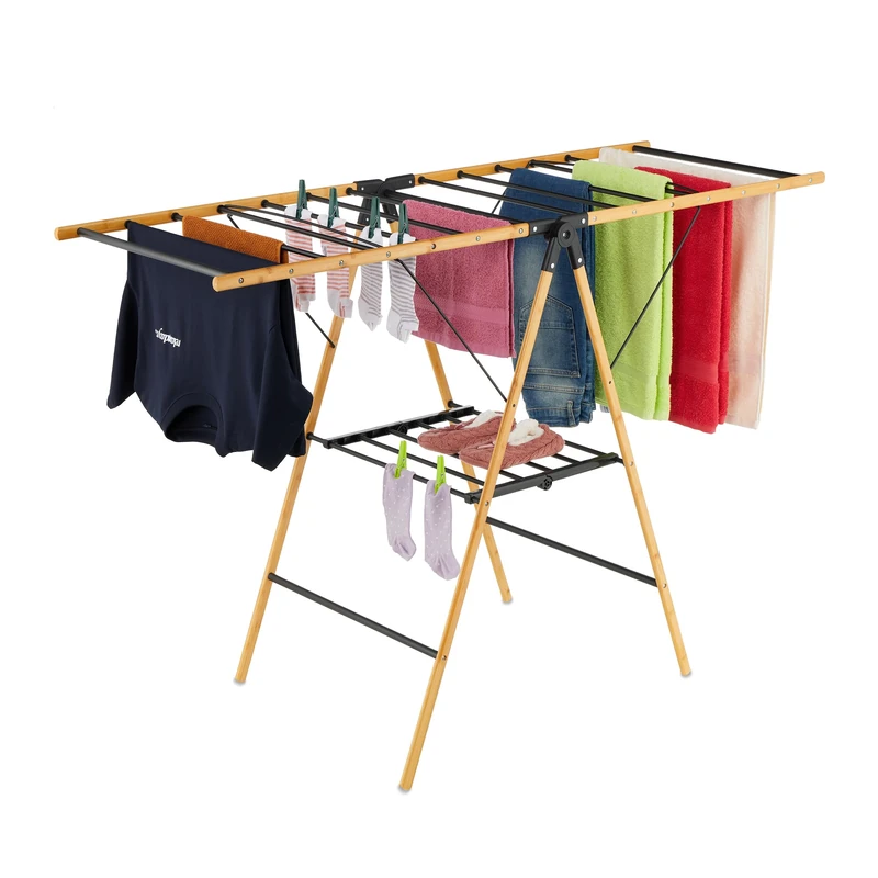 Relaxdays collapsible drying rack, 2 tiers, HWD: 100 x 148 x 56 cm, bamboo & metal, wing drying rack, natural/black