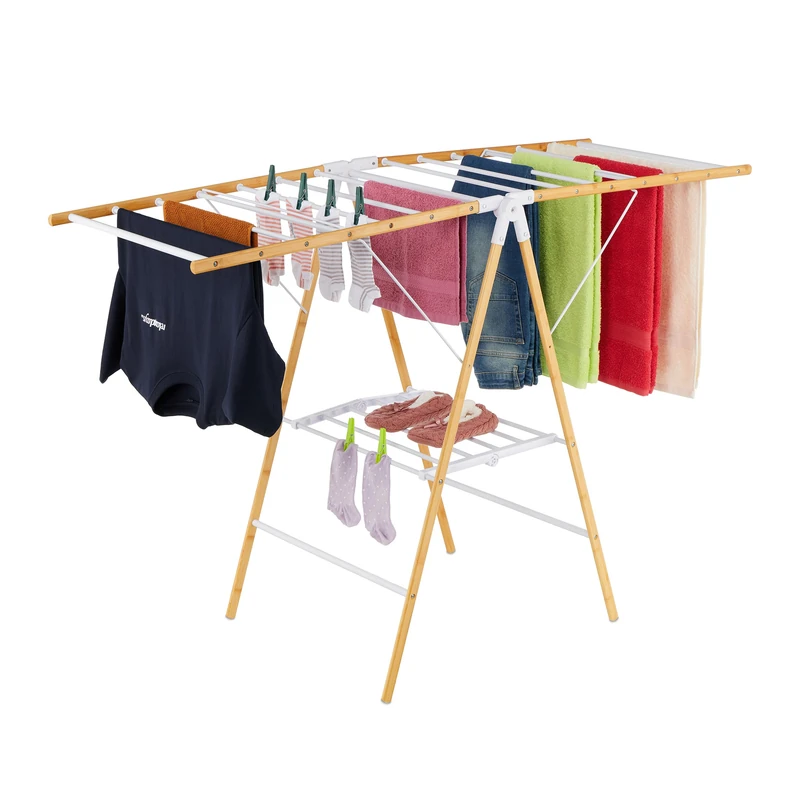 Relaxdays folding airer, 2 tiers, HxWxD: 100 x 148 x 56 cm, bamboo & metal, winged dryer, natural/white
