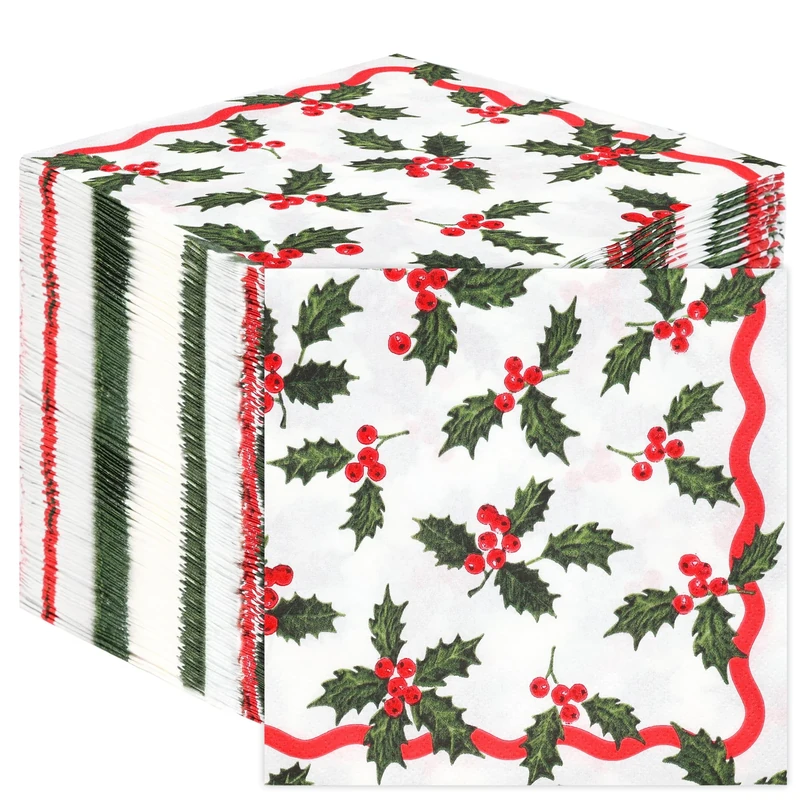 Talking Tables 100 x Christmas Napkins Paper Xmas Disposable Serviettes with Holly and Berries - Family Friendly Festive Tableware Decorations Red and White and Green 2ply 33cm
