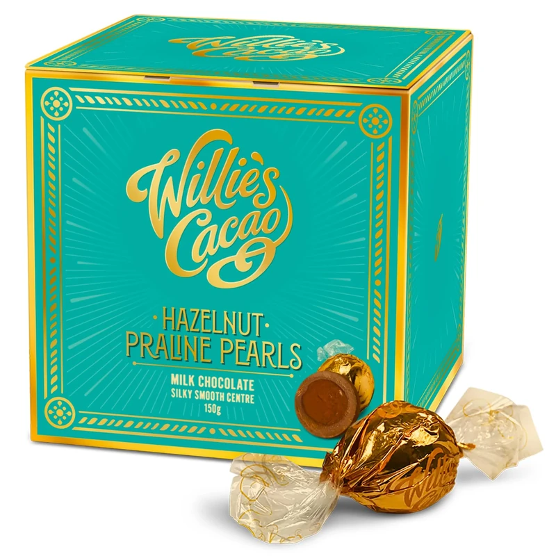 Willie’s Cacao - Milk Chocolate Hazelnut Praline Pearls 150g – Gift box of 20 individually wrapped pearls filled with silky soft hazelnut praline – 100% natural – Craft made