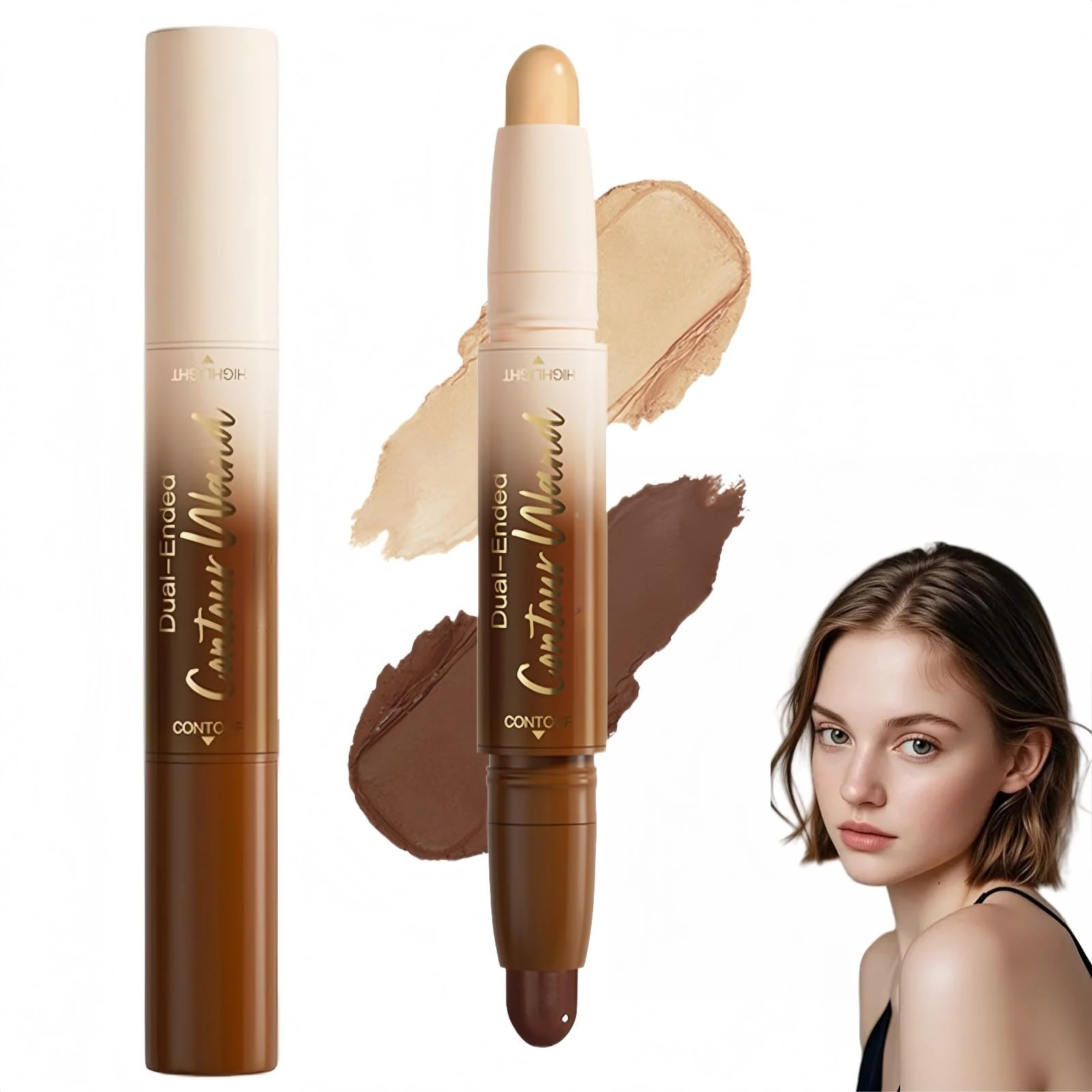 Cream Contour Stick & Highlighter Stick 2 in 1,Dual-Ended Sculpting Makeup Kit for Beginners,Waterproof & Long-Lasting Cool Toned Bronzer S/tick & Cream Highlighter for Face Body,Full Coverage,24-Rich