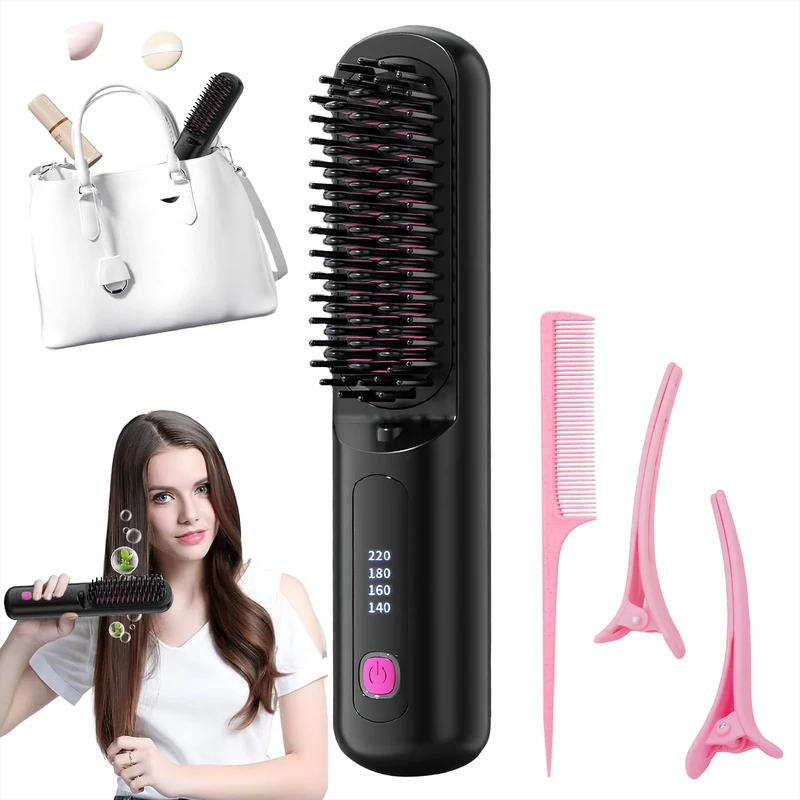 Numoya Go Brush Pro Cordless Portable Straightener, Hair Gobrush Pro Rechargeable Straightener Hot Comb Fast Heating for Travel and Everyday Use(Black1)