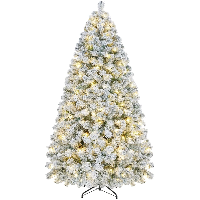 Yaheetech 7ft Pre-Lit Flocked Christmas Tree, 8 Modes Warm White LED Lights
