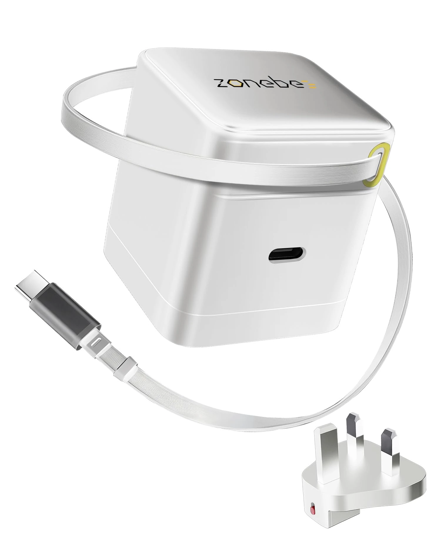 Zonebee 65W GaN Ultra-Fast Charger with Retractable Cable, Dual USB-C Ports, Swappable UK/US Plug for MacBook Air/Pro, iPad, iPhone, Samsung Galaxy, Google Pixel, HP/Dell/Lenovo, Chromebook (white)