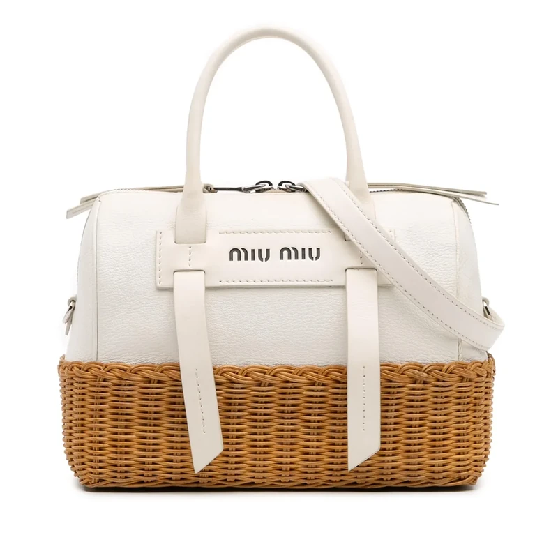 Miu Miu Pre-Loved Wicker Trimmed Leather Top Handle Bag Satchel